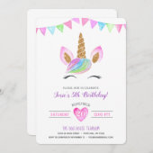 マジカルレインボーウォーターカラーユニコーン誕生日 招待状 (正面/裏面)