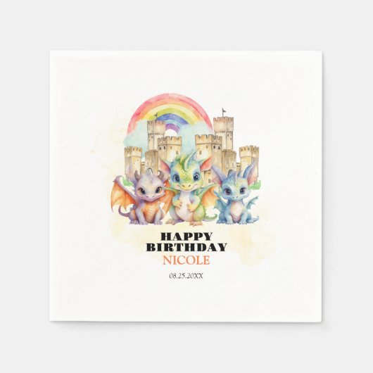 マジカルレインボーキャッスルキュートベビードラゴン誕生日 スタンダードカクテルナプキン (正面)