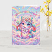 マジカルレインボーバニーの誕生日お祝い子供向け カード (黄色い花)