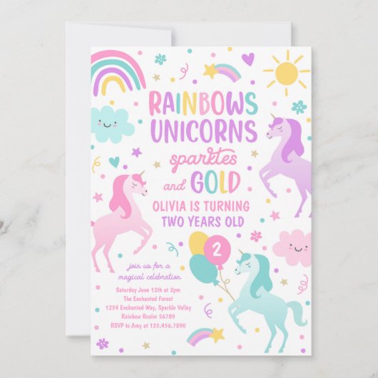 マジカルレインボーパステルユニコーンバースデーパーティー 招待状 (正面)