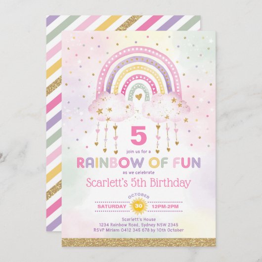 マジカルレインボーピンク金ゴールドクラウドズ誕生日 招待状 (正面/裏面)