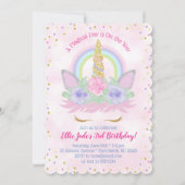 マジカルレインボーユニコーンウォーターカラーピンク誕生日 招待状 (正面)