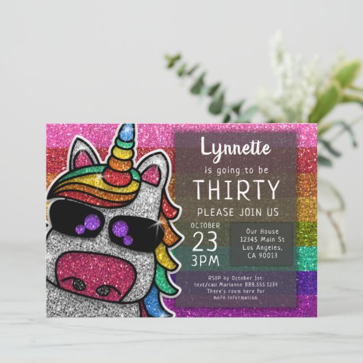マジカルレインボーユニコーングリッターお洒落誕生日 招待状 (スタンド正面)