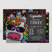 マジカルレインボーユニコーングリッターお洒落誕生日 招待状 (正面/裏面)