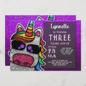 マジカルレインボーユニコーングリッターお洒落誕生日 招待状 (正面/裏面)