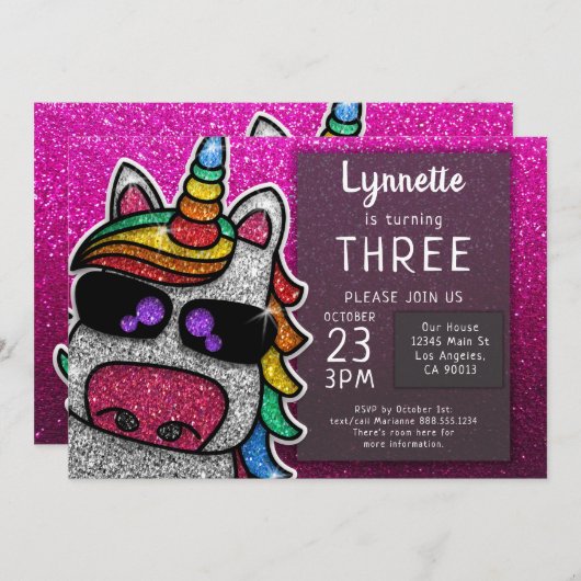 マジカルレインボーユニコーングリッターお洒落誕生日 招待状 (正面/裏面)