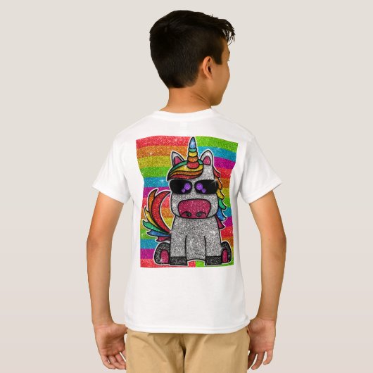 マジカルレインボーユニコーングリッターお洒落誕生日 Tシャツ (裏面フル)