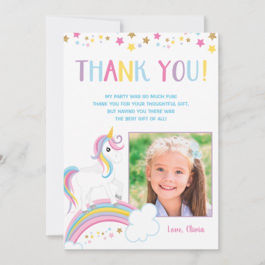 マジカルレインボーユニコーンバースデー写真フラット サンキューカード (正面)
