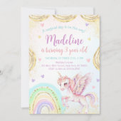 マジカルレインボーユニコーンピンク金ゴールド誕生日パーティー 招待状 (正面)