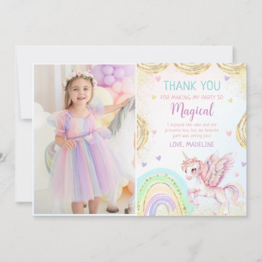 マジカルレインボーユニコーンピンク金ゴールド誕生日写真 サンキューカード (正面)