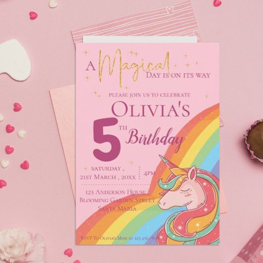 マジカルレインボーユニコーンフェイクグリッター誕生日 招待状
