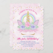マジカルレインボーユニコーン水彩ピンク誕生日 招待状 (正面/裏面)