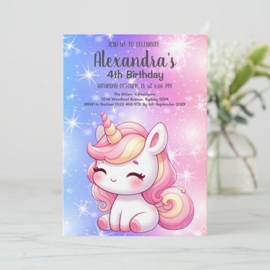 マジカルレインボーユニコーン金ゴールドグリッターガール誕生日 招待状 (スタンド正面)