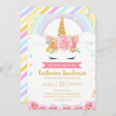 マジカルレインボーユニコーン顔フローラガールズ誕生日 招待状 (正面/裏面)