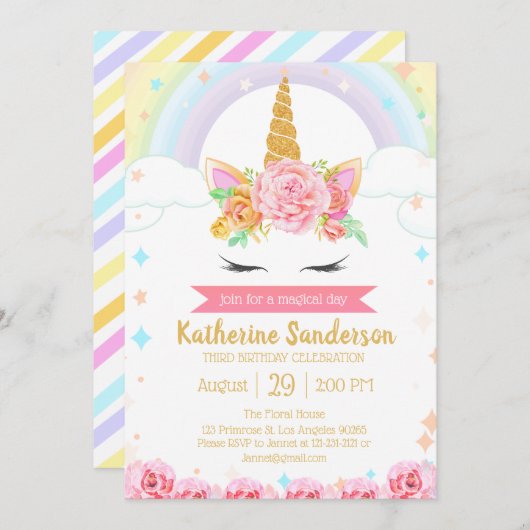 マジカルレインボーユニコーン顔フローラガールズ誕生日 招待状 (正面/裏面)
