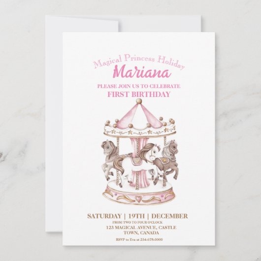 マジカル回転木馬ユニコーン第1子供の誕生日パーティー 招待状 (正面)