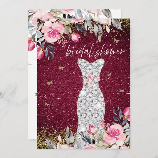 マジカル結婚ズガウンドレスフローラブライダルシャワー 招待状 (正面/裏面)