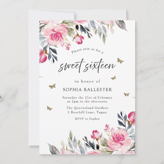 マジカル赤面ピンクガウンフローラスウィート16 招待状 (裏面)