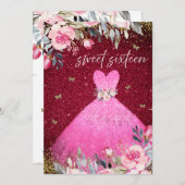 マジカル赤面ピンクガウンフローラスウィート16 招待状 (正面/裏面)
