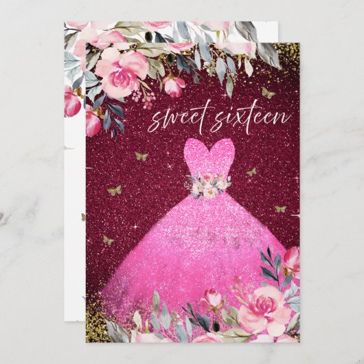 マジカル赤面ピンクガウンフローラスウィート16 招待状 (正面/裏面)