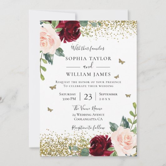 マジカル赤面&ブルガンディーレッドフローラ春の結婚式 招待状 (正面)