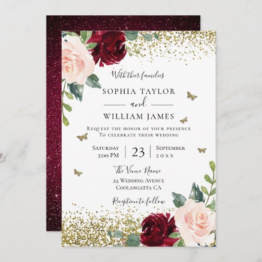 マジカル赤面&ブルガンディーレッドフローラ春の結婚式 招待状 (正面/裏面)