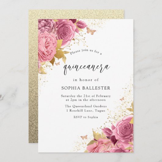 マジカル赤面PInk金ゴールドフラワーズキンセアニェラパーティー 招待状 (正面/裏面)