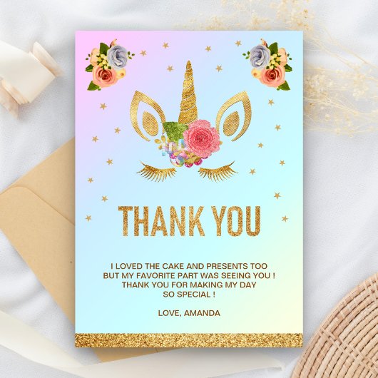 マジカル金ゴールドグリッターユニコーン顔誕生日パーティー サンキューカード