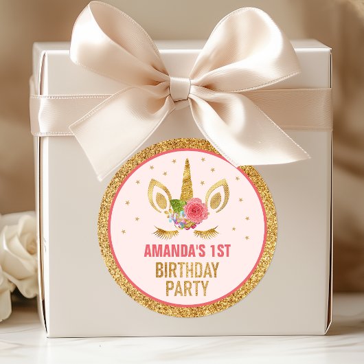 マジカル金ゴールドグリッターユニコーン顔誕生日パーティー ラウンドシール