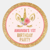 マジカル金ゴールドグリッターユニコーン顔誕生日パーティー ラウンドシール (正面)