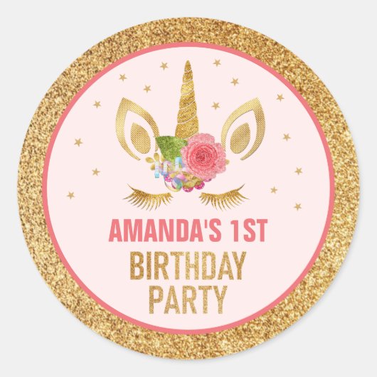 マジカル金ゴールドグリッターユニコーン顔誕生日パーティー ラウンドシール (正面)