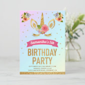 マジカル金ゴールドグリッターユニコーン顔誕生日パーティー 招待状 (スタンド正面)