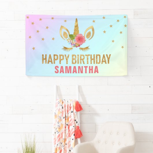 マジカル金ゴールドグリッターユニコーン顔誕生日パーティー 横断幕 (インサイチュ)