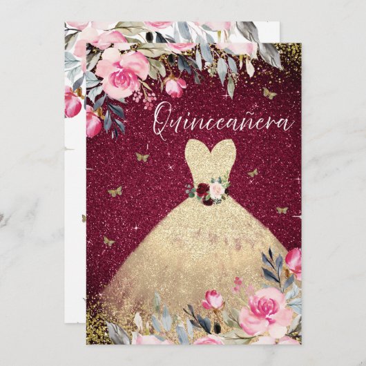 マジカル金ゴールドドレス赤面ピンクフローラキンセアニェラ 招待状 (正面/裏面)