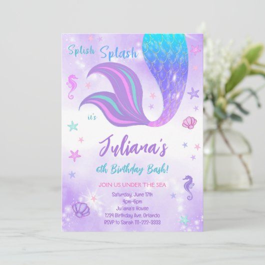 マジカル金ゴールドパープルマーメイドテール誕生日招待状 招待状 (スタンド正面)
