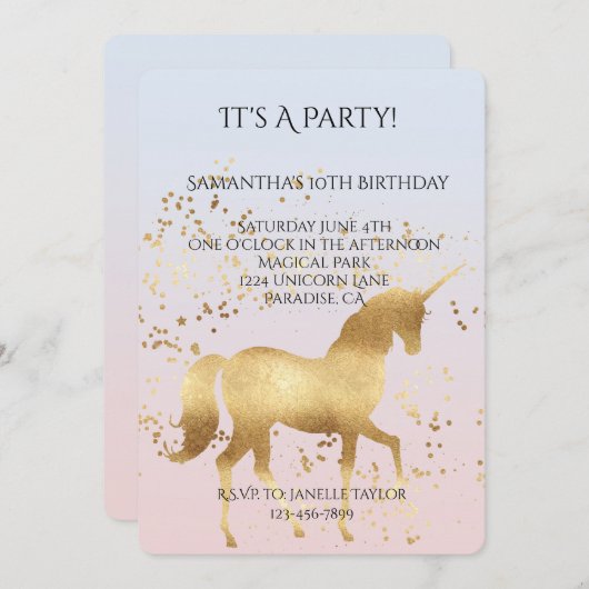 マジカル金ゴールドユニコーン誕生日 招待状 (正面/裏面)