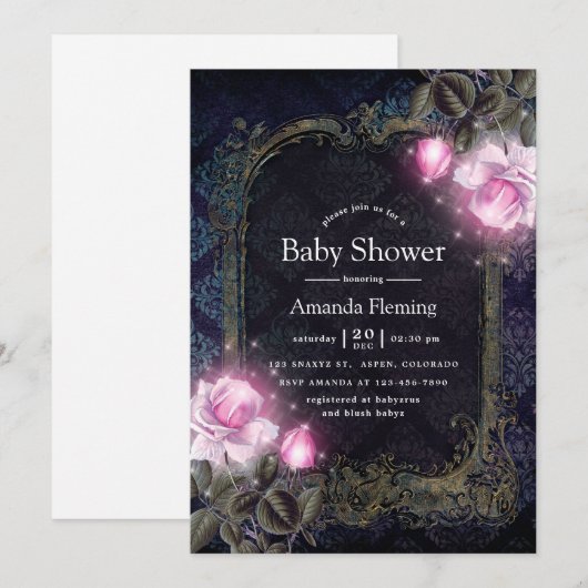 マジカル スパークリング フローラル ヴィンテージ ベイビー シャワー 招待状 (正面/裏面)