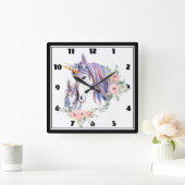 マジカル·ユニコーン·マム&ベビー·ウォーターカラー スクエア壁時計 (ホーム)