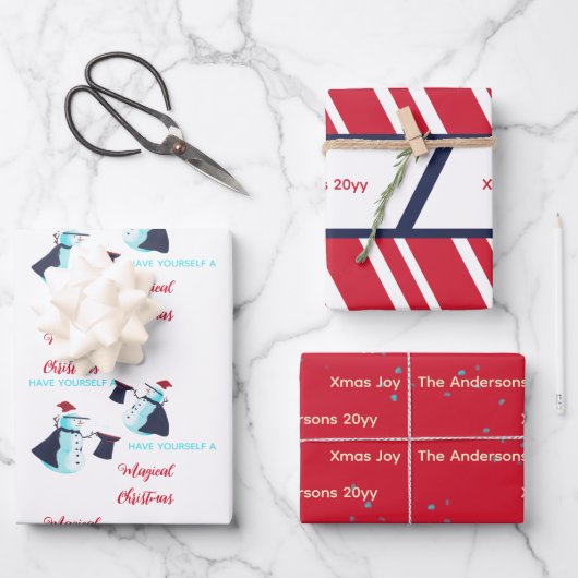 マジシャンおもしろい雪だるまサンタハットパターンクリスマス ラッピングペーパーシート (正面)