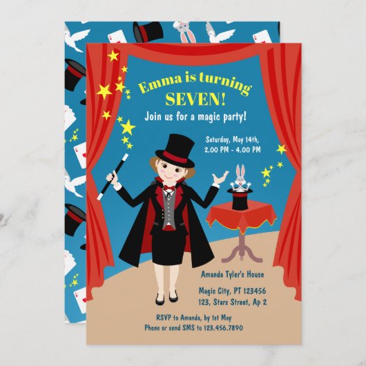 マジシャンガールショーバースデーパーティー 招待状 (正面/裏面)