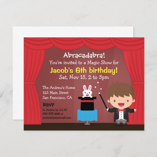 マジシャンボーイ魔法子供の誕生日パーティの招待状 招待状 (正面/裏面)