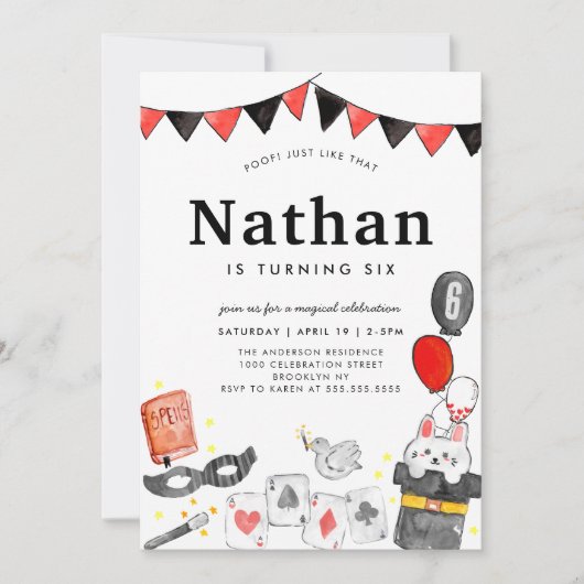 マジシャンラビットデッキカードワンド魔法ショー誕生日 招待状 (正面)