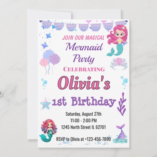 マジッお洒落クマーメイド誕生日招待状 招待状 (正面)