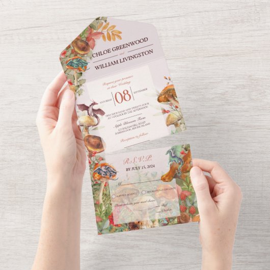 マジックマッシュルームとドラゴン結婚式招待状 オールインワン招待状 (貼ってはがせる)