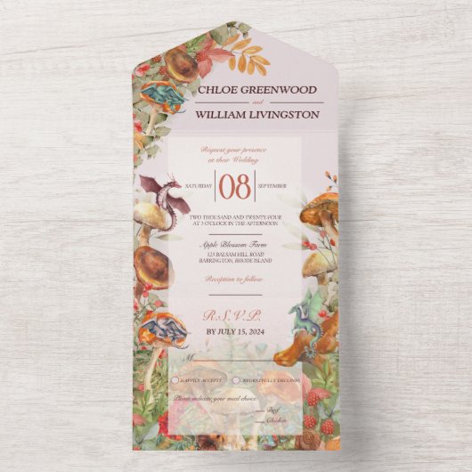 マジックマッシュルームとドラゴン結婚式招待状 オールインワン招待状 (内側)