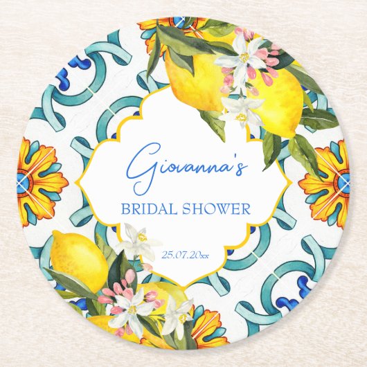 マジョリカタイルレモンブライダルシャワーの好意 ラウンドペーパーコースター (正面)