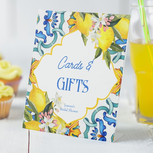 マジョリカブルーのタイルのレモンの誕生日のギフトサイン 台座サイン