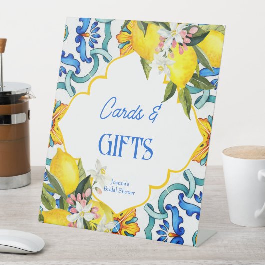 マジョリカブルーのタイルのレモンの誕生日のギフトサイン 台座サイン (インサイチュ)