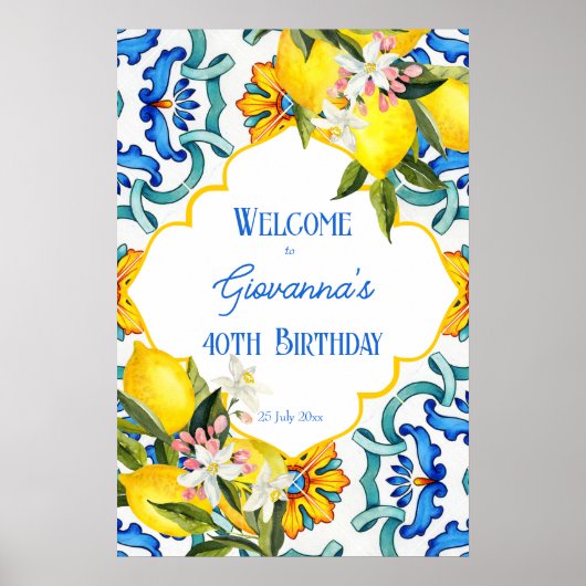 マジョリカブルータイルレモンの誕生日ウェルカムサイン ポスター (正面)