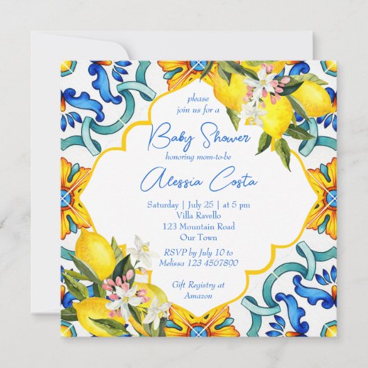 マジョリ地中海のカのタイルレモンの赤ちゃんシャワー 招待状 (正面)